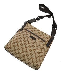 Gucci GG Canvas With Leather Zip Top Messenger Shoulder Bag Brown